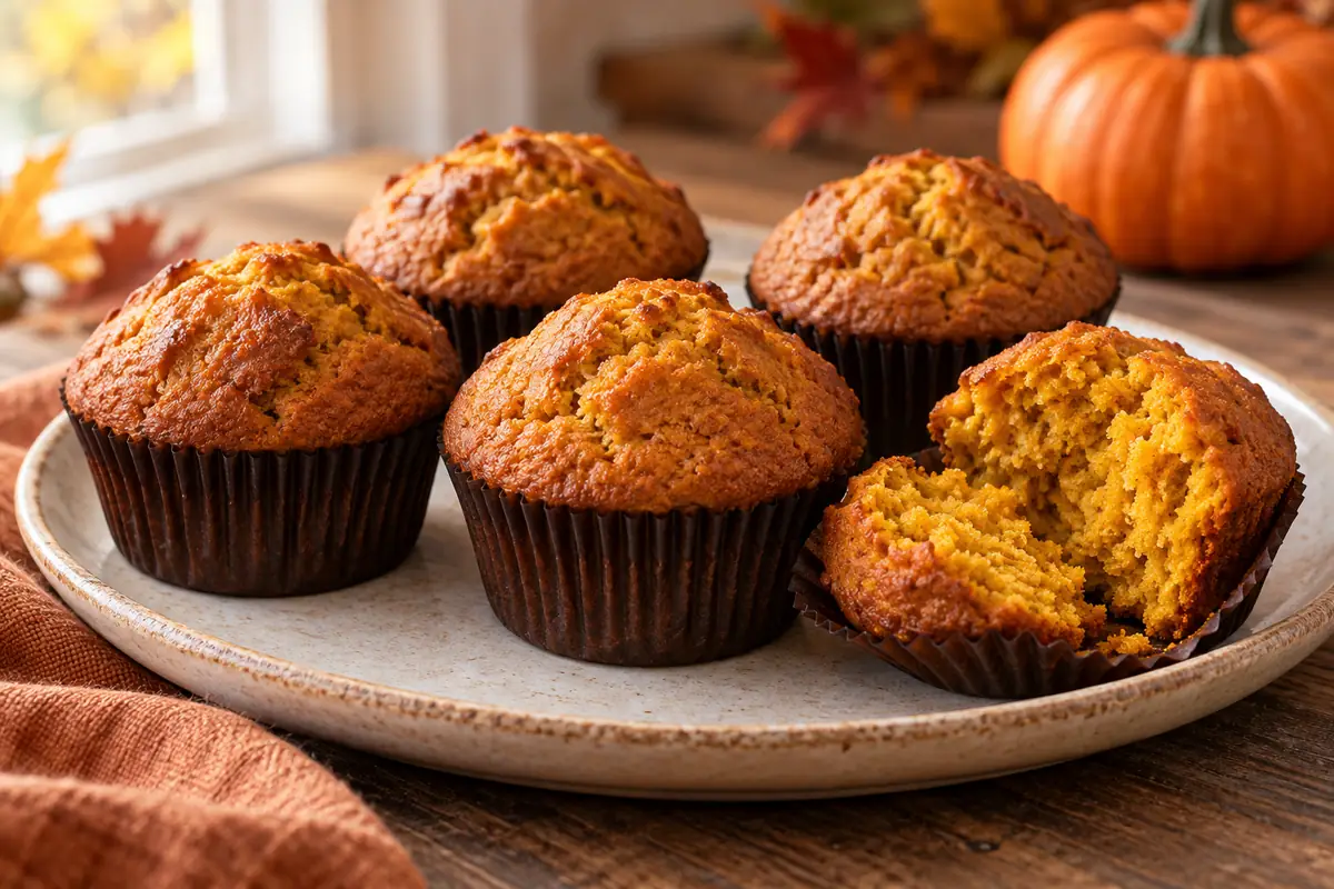 Fahéjas sütőtökös muffinok sötét papírkapszliban, egy felnyitott muffin narancssárga bélzetével