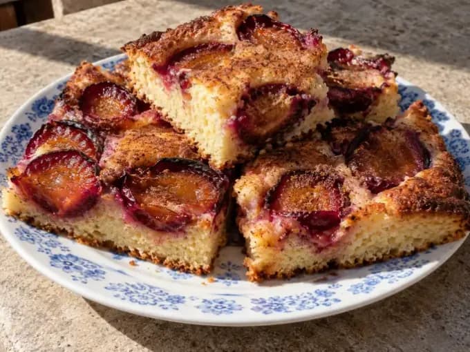 Szilvás lepény puha aranybarna tésztával és fahéjas szilvafelekkel egy szeletben