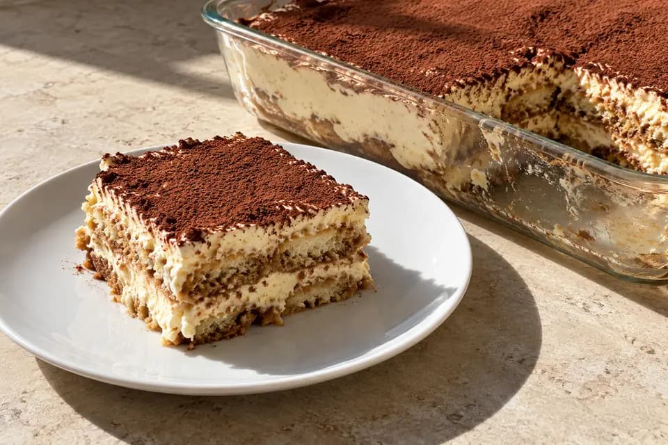 Kakaóporos tiramisu szelet világos mascarponés krémmel és kávés babapiskóta-rétegekkel