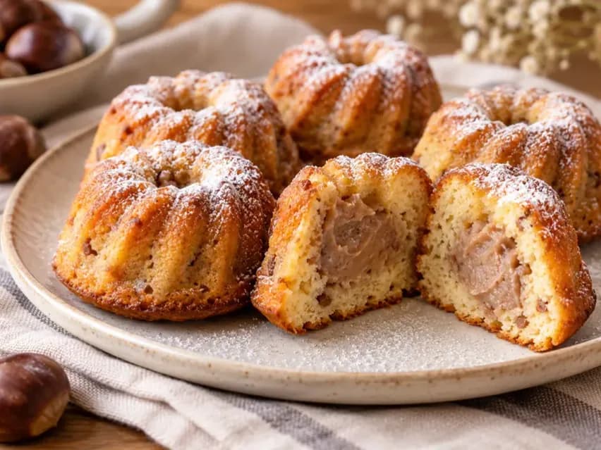 Porcukrozott mini kuglófok gesztenyés töltelékkel, egyikük félbevágva