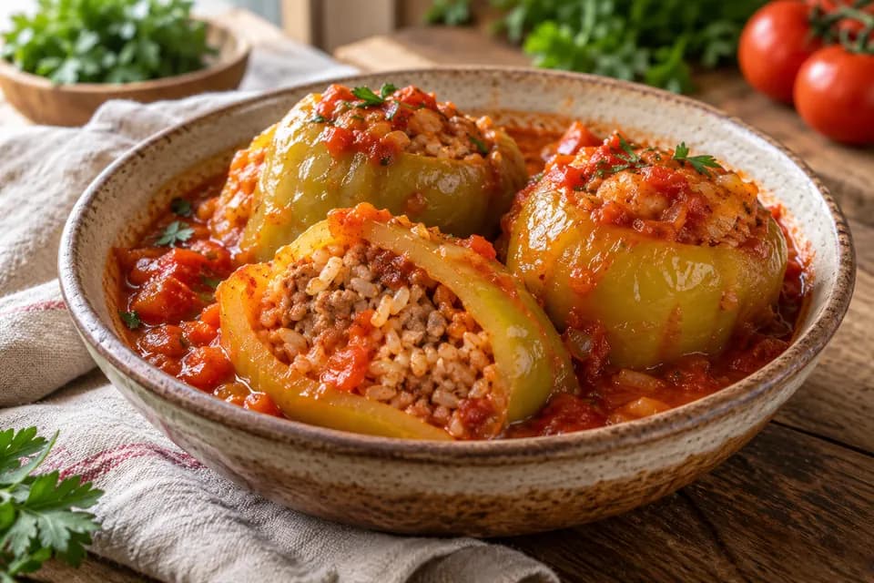 Paradicsomszószban főtt rizses töltött paprika egy félbevágott paprikával