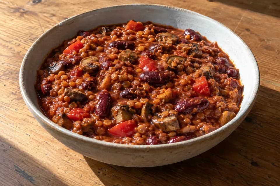 Vegán chilis bab mély kerámiatálban, vörösbabbal, apró gombadarabokkal és sűrű lencsés paradicsomszafttal