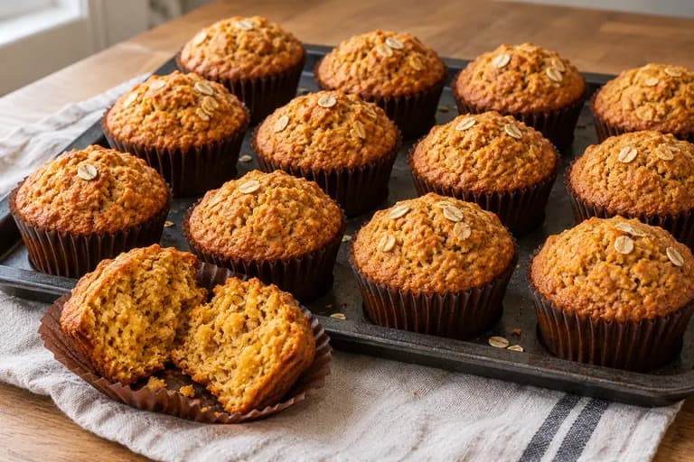 Zabpelyhes sütőtökös muffinok papírkapszliban, az egyik kettévágva, a tetejükön zabpehellyel